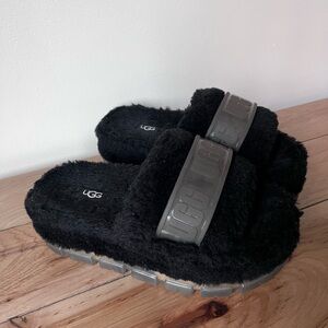UGG Black Fluffy Slippers with Gray Accents